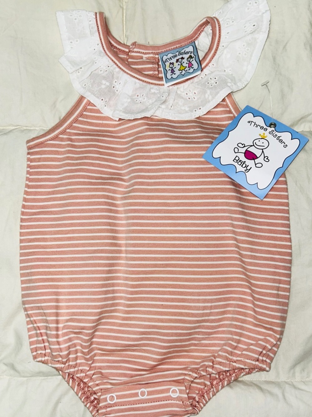 Three Sisters striped bubble with white lace collar sz 24 months NWT